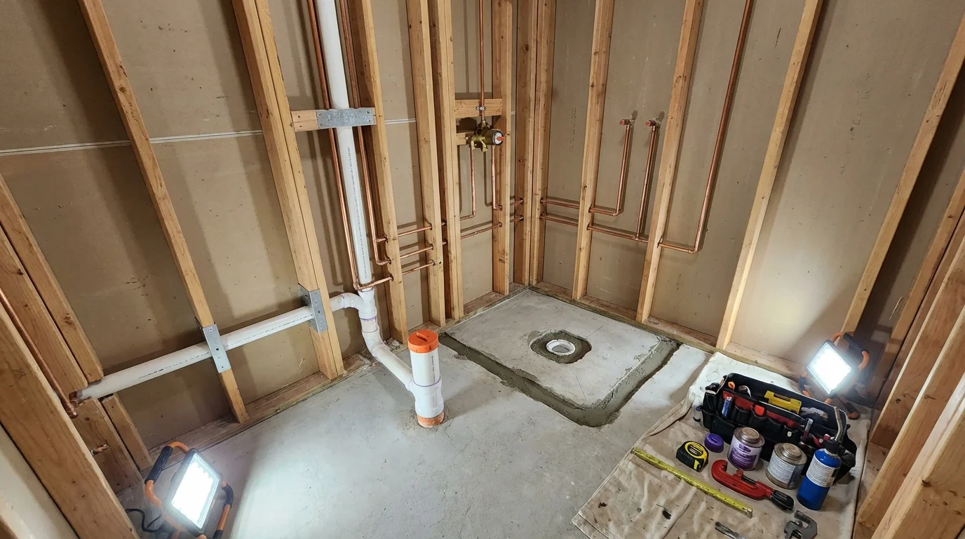 Bathroom rough-in plumbing during remodel by Johns Plumbing LLC in De Pere