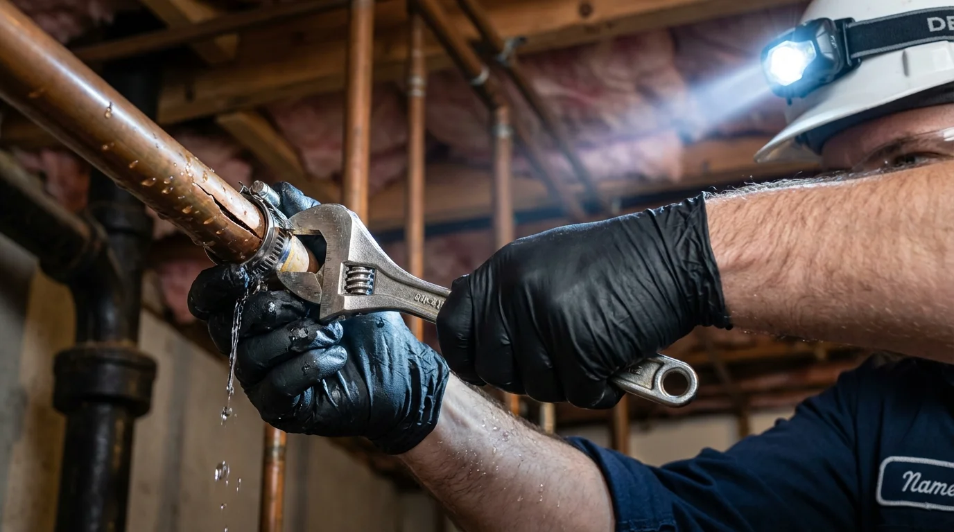 Emergency pipe clamp repair being performed by a Johns Plumbing LLC plumber in De Pere