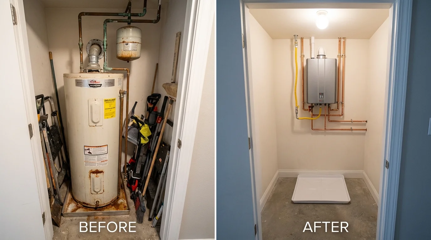 Tank water heater versus wall-mounted tankless unit comparison for De Pere, WI homeowners