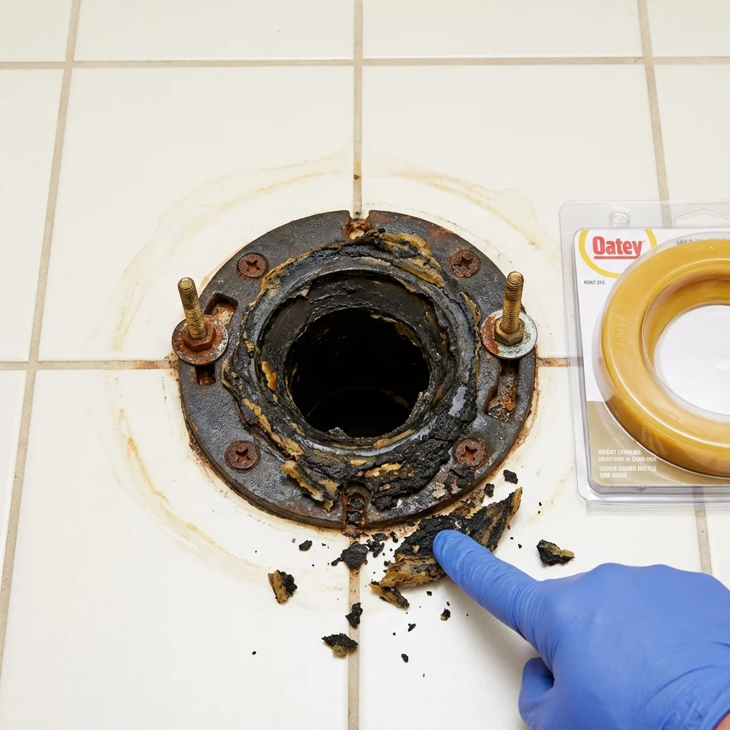 Failed wax ring showing water seepage at the base of a toilet in a De Pere, WI home