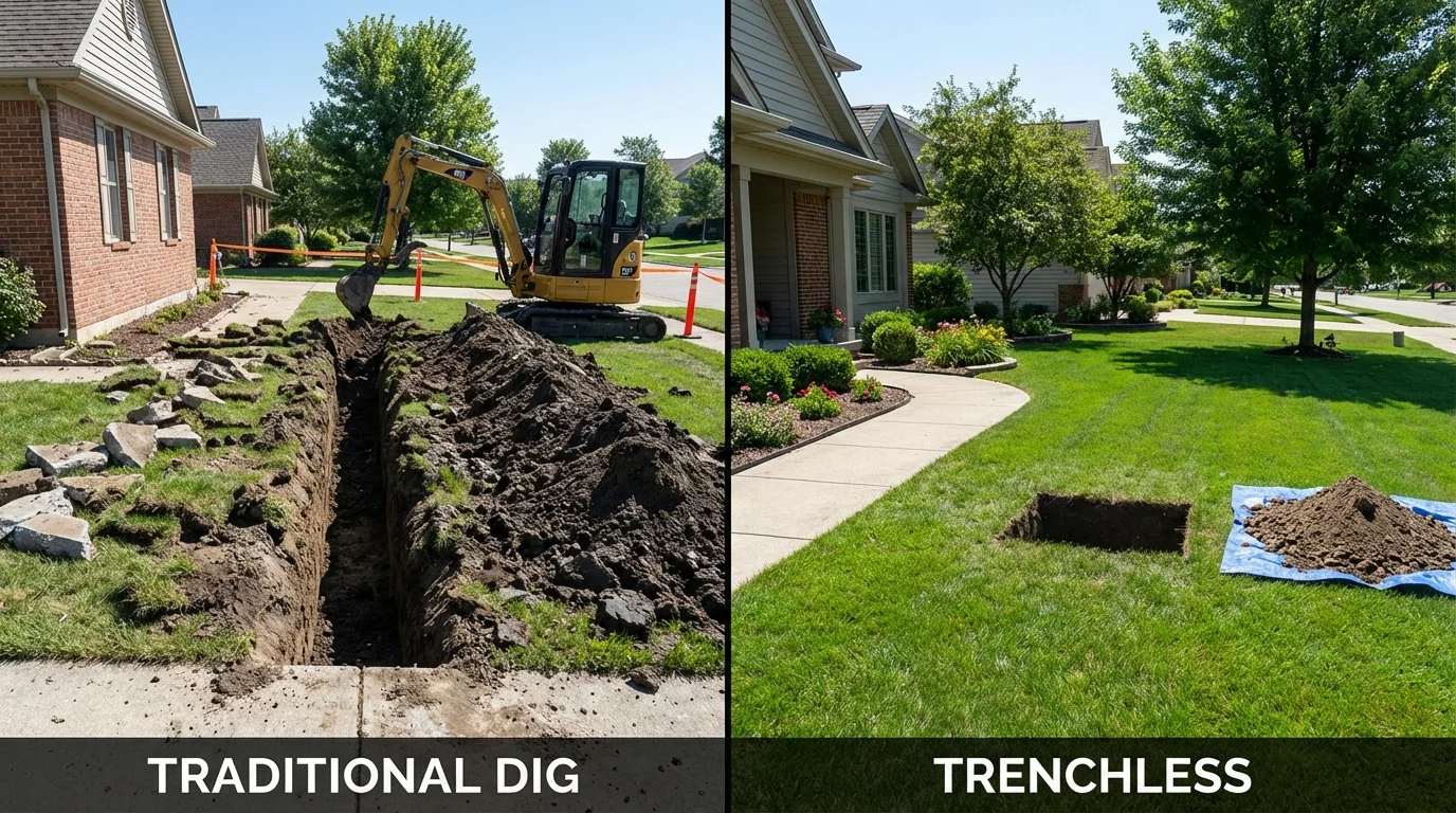 Trenchless sewer repair with minimal yard damage versus traditional excavation in De Pere, WI