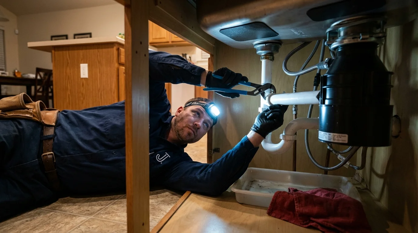 P-trap and supply line connections under a kitchen sink showing a common leak point in De Pere, WI